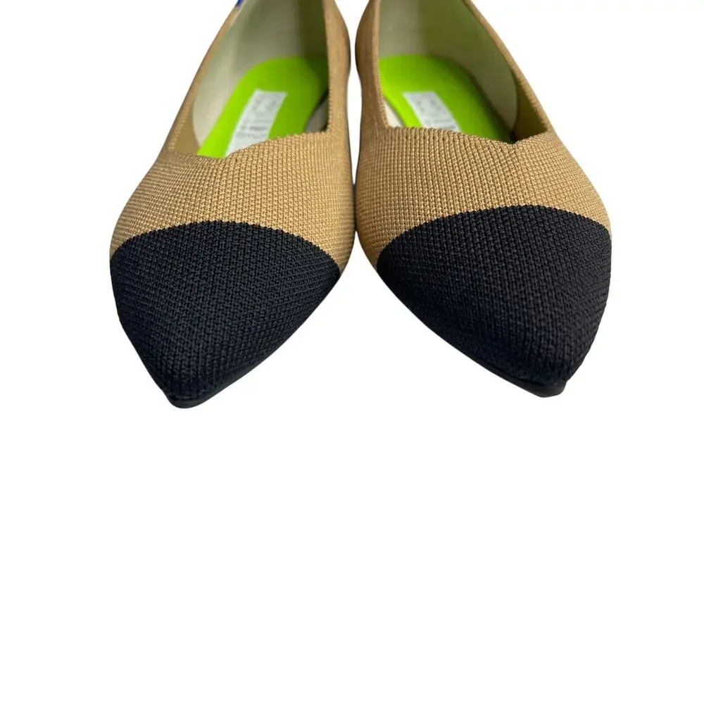 Rothys The High Point Wren Cap Toe Knit Shoes 7 Tan Black Pointed Toe Low Heel - Picture 3 of 13
